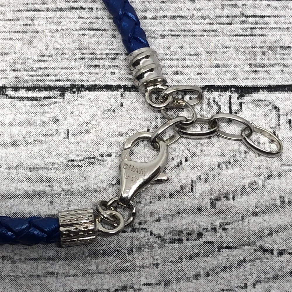 CHAM Chamilia Sterling Silver 925 Blue Leather Charm Bracelet Starter + Free